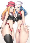  2girls adapted_costume alluring bare_shoulders beanie black_legwear blue_eyes blue_hair blush breasts brown_hair cowboy_shot eyebrows_visible_through_hair gradient_background hat highleg highleg_panties hikari_(pokemon) impossible_clothes impossible_shirt invitation large_breasts light_skin long_hair looking_at_viewer multiple_girls nagase_haruhito navel open_mouth parted_lips pink_panties pokemon pokemon_(game) pokemon_dppt pokemon_xy porkpie_hat red_hat red_panties red_scarf scarf serena serena_(pokemon) simple_background sleeveless sleeveless_shirt smile standing thighhighs 