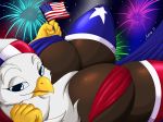  1girl 1girl 2017 4th_of_july anthro avian beak big_breasts bird breasts clothed clothing eagle fireworks furry half-closed_eyes high_res holding_object huge_breasts legwear looking_at_viewer suirano united_states_of_america 