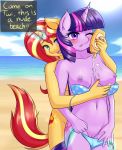  2017 absurdres anthro anthrofied areola beach bikini blue_eyes blush breasts clothing cloud colored_nails cutie_mark dialogue duo english_text equestria_girls equine eyelashes friendship_is_magic fur furry glowing hair high_res horn long_hair lotion magic mammal multicolored_hair multicolored_tail my_little_pony navel nipples one_eye_closed open_mouth outside purple_eyes purple_fur pussy seaside sky sunset_shimmer_(eg) swimsuit tail text twilight_sparkle_(mlp) twistedscarlett60 two_tone_hair unicorn yellow_fur 