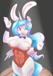 1girl 2016 absurd_res anthro anthrofied areola big_breasts bow_tie breasts bunny_costume bunnysuit clothing cosplay equine fake_ears fake_rabbit_ears feathered_wings feathers friendship_is_magic furry glacierclear hair high_res horn long_hair mammal multicolored_hair my_little_pony nipples one_eye_closed open_mouth open_smile princess_celestia_(mlp) purple_eyes simple_background smile v white_feathers winged_unicorn wings wink