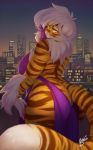  1girl 1girl 2017 anthro big_breasts breasts buxbi buxbi_(character) city clothed clothing dress feline furry hair looking_at_viewer looking_back mammal rear_view signature skimpy standing thick_thighs tiger watermark white_hair yellow_eyes 