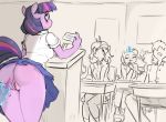  1girl ambiguous_gender anthro ass bent_over blush breasts classroom clothed clothing desk earth_pony equine footwear friendship_is_magic furry glacierclear hair horn horse legwear looking_back magic mammal my_little_pony panties panties_aside pony purple_hair pussy school shirt shoes sitting skirt socks standing sweat tail trixie_(mlp) twilight_sparkle_(mlp) underwear underwear_aside unicorn 