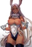  1girl 1girl 1girl animal_ears bunny_ears bunny_tail face female_only female_solo gloves high_resolution hips legs long_hair miruko_(boku_no_hero_academia) my_hero_academia nude partially_clothed presenting presenting_breasts red_eyes smile standing tail tearing_clothes torn_clothes trickytrain_art white_background white_hair 