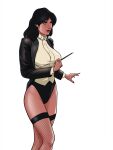  1_girl 1girl batman_(series) big_breasts black_hair blue_eyes breasts brunette clothed dc dc_comics female female_only female_solo japes justice_league long_hair magician smile solo standing white_background zatanna zatanna_zatara 
