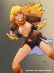  1girl artist_name belly belt big_breasts blonde breasts denim denim_shorts female_only fingerless_gloves gauntlets gloves high_resolution hips jacket japes legs legwear light-skinned light-skinned_female long_hair neckwear nipples orange_neckwear patreon patreon_username purple_eyes rooster_teeth rwby scarf short_shorts shorts signature simple_background skirt stockings thighs tongue tongue_out web_address web_address_with_path yang_xiao_long 