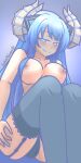  1girl 1girl 1girl artist_name bare_shoulders big_breasts black_panties black_underwear blue_background blue_eyes blue_hair blush breasts clavicle cleavage closed_mouth endlesstsubaki english eyebrows_visible_through_hair feet_out_of_frame garter_straps hand_on_thigh high_resolution horns kiseijou_rei kiseijou_rei_(goddess_form) lingerie long_hair looking_at_viewer neptunia_(series) no_bra panties pantyhose simple_background smile smug stockings symbol-shaped_pupils underwear useless_tags 