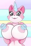  1girl anthro big_breasts big_nipples blue_eyes breasts eyelashes feline fur furry high_res horn hybrid lego mammal navel nipples pink_fur pink_nose presenting presenting_breasts quin-nsfw smile studs the_lego_movie unikitty warner_brothers white_fur 