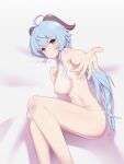  1girl artist_request blue_hair blush breasts ganyu_(genshin_impact) genshin_impact high_resolution horns looking_at_viewer medium_breasts nipples nude outstretched_arm smile 