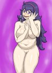  @_@ covering_breasts hex_maniac looking_at_viewer npc_trainer nude pokemon pokemon_(game) pokemon_xy porkyman pussy smile solo standing 