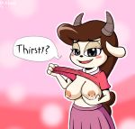  1girl 2016 4_fingers anthro areola big_breasts blush breasts brown_hair caprine chun-ni clothed clothing copyright_request dialogue dr._chaos exposed_breasts furry goat grey_eyes hair half-closed_eyes holding_breast horn lactating looking_at_viewer mammal milf milk miracle_star nipples offering_drink open_mouth parent partially_clothed question shirt simple_background skirt smile text tongue 