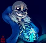 1boy blue_penis clothed ectopenis glowing_penis looking_at_viewer male male_only masturbation penile_masturbation penis sans sans_(undertale) skeleton smirk solo solo_male undertale undertale_(series) yaoi
