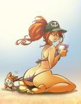  1girl ass ass_crack beach bikini black_eyes bubble_butt closed_eyes coppertone dog embarrassing feet long_hair looking_back looking_down nintendo_3ds ponytail pulling red_hair shiny shiny_skin video_game 