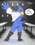  1_anthro 1_boy 1_male 2015 anthro anthro_only ass avian backsack beak bench bird blue_balls blue_eyes blue_feathers blush boots bottomless clothed clothing depth_of_field detailed_background dialogue digital_media_(artwork) dressing english_text eye_markings eyebrows falco_lombardi feathers footwear furry highres inside jacket locker locker_room looking_at_viewer looking_back male male_anthro markings nintendo nude open_mouth permavermin raised_heel rear_view shadow solo speech_bubble standing star_fox tail_feathers talking_to_viewer testicles text tongue video_games voyeur 