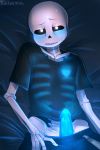 1boy 1male animated_skeleton blue_blush blue_hoodie blue_jacket blue_penis blush blushing clothed ectopenis glowing glowing_penis laying_down looking_at_viewer lying_down male male_only monster nervous penis penis_out sans sans_(undertale) sintastein skeleton solo_male soul sweat sweating undead undertale undertale_(series)