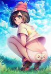  :o ass cute grass looking_back moon_(pokemon) moon_(trainer) naoto_(yandereheaven) outdoor outdoors outside panties pokemon pokemon_(game) pokemon_sm printed_panties rowlet solo squat squatting 