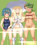  3_females 3_girls 3girls blonde_hair blush bottomless breasts censored clothed colored_pubic_hair dress_lift exposed_breasts exposed_pussy female female_human female_only female_pubic_hair green_hair hair hairless_pussy human human_only lana lana_(pokemon) lillie lillie_(pokemon) long_hair looking_at_viewer mallow mallow_(pokemon) mao_(pokemon) multiple_girls nintendo nipples no_panties pokemon_(anime) pokemon_sm pubic_hair pussy shirt_lift smile standing suiren_(pokemon) swimsuit_aside trio 