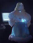  1girl 1girl ass bare_shoulders big_breasts blonde_hair blue_eyes blush breasts collar computer crystal_maiden dota_2 eyelashes fizzz forehead_jewel fur_trim garter_straps glowing high_res long_hair looking_at_viewer makeup monitor navel nightgown nipples see-through smile 