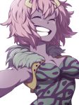  1girl 1girl 1girl ^_^ armpits ashido_mina bangs boku_no_hero_academia breasts buttons cleavage closed_eyes crop_top fur_trim grin happy high_res horns impossible_clothes majimelon mina_ashido my_hero_academia open_clothes open_vest outstretched_arms pink_hair purple_hair purple_skin short_hair simple_background smile spread_arms unitard upper_body vest white_background 