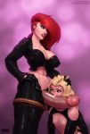  1boy 1girl 2017 barretxiii blonde_hair cleavage clothed cocaine dressed futa_with_male futanari gloves huge_penis ladyboy red_lipstick redhead small_breasts sniffing 