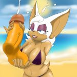  1boy 1girl anthro bat beach big_breasts breasts canine clothing cum ejaculation erection female fox furry hair handjob highres humanoid_penis large_breasts large_penis male male/female mammal miles_&quot;tails&quot;_prower nukenugget penis rouge_the_bat seaside sega sex smile testicles 