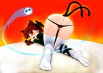  1girl animal_ears ass braid cat_ears cat_tail fang feet female footwear from_behind happy kaenbyou_rin naughty_face pussy red_eyes red_hair rin_kaenbyou socks solo tail thighhighs top-down_bottom-up touhou twin_braids twintails uncensored yassy 