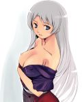  1girl alternate_hairstyle areolae bangs blue_eyes breast_hold breast_slip breasts cleavage clothes_down collarbone eirin_yagokoro erect_nipples female grey_hair hair kfc long_hair looking_at_viewer nipples no_bra no_hat no_headwear off_shoulder one_breast_out open_clothes open_mouth open_shirt shirt silver_hair simple_background solo standing straight_hair touhou very_long_hair white_background yagokoro_eirin yuu_(kfc) 
