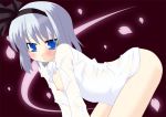  1girl all_fours arched_back bad_id bangs black_background blue_eyes blush bottomless bow breast_slip breasts cherry_blossoms dress_shirt female from_side hair_bow hairband hujikok konpaku_youmu long_sleeves looking_at_viewer naked_shirt nipples no_bra no_panties nude one_breast_out parted_lips petals ribbon ribbons see-through shirt short_hair silver_hair simple_background small_breasts solo touhou wet wet_clothes wet_shirt white_shirt wing_collar youmu_konpaku 