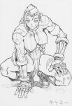  arm_support boots braid breasts cammy_white capcom erect_nipples garrison_cap hat huge_breasts large_breasts mogudan monochrome muscle squat squatting street_fighter twin_braids 