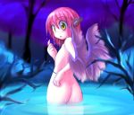  1girl :o animal_ears ass bare_tree blush des female from_behind looking_at_viewer looking_back mystia_lorelei nude pink_hair short_hair solo touhou tree wading water wet wide-eyed wings yellow_eyes 