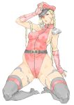  1girl alternate_costume belt blonde_hair blue_eyes braid breasts cammy_white capcom cosplay erect_nipples fingerless_gloves from_below full_body gloves grey_eyes hat impossible_clothes kneeling kyura9een kyura_(kyura9een) kyuraa_(kyura9een) legs leotard lips long_hair looking_at_viewer m_bison_(cosplay) military military_uniform open_mouth salute scar shoulder_pads sideboob simple_background solo spread_legs street_fighter street_fighter_iv thighhighs twin_braids uniform vega vega_(cosplay) white_background 