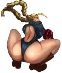  1girl ass back blonde_hair boots cammy_white capcom green_eyes huge_ass iad leotard long_hair looking_back simple_background solo squatting street_fighter thighs thong_leotard white_background 