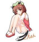  1girl amicis animal_ears bell brown_hair cat_ears cat_tail cat_tails character_name chen chen_yakumo earrings female full_body hat jewelry leg_hug multiple_tails short_hair simple_background sitting smile solo tail touhou 