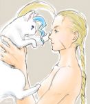  1girl blonde_hair blue_eyes blue_hair braid cammy_white capcom cat crossover felicia felicia_(cat) nude sho-sk solo street_fighter vampire_(game) 
