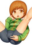  1girl ass atlus bike_shorts brown_eyes brown_hair cameltoe chie_satonaka embarrassment jacket knee_pit kneepits lying maagori persona persona_4 pussy pussy_juice_stain saliva satonaka_chie short_hair skin_tight solo spandex spread_legs spread_pussy spread_pussy_under_clothes sweat tears track_jacket turtleneck 
