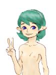  1girl blue_eyes blush breasts eyebrows female green_hair kokiri lowres nintendo saria simple_background small_breasts solo the_legend_of_zelda the_legend_of_zelda:_ocarina_of_time v white_background 