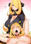  1girl ahegao areolae blonde_hair blush breasts brown_eyes cleavage cynthia erect_nipples hair_over_one_eye heart highres implied_sex large_breasts long_hair looking_at_viewer medium_breasts nipples open_mouth pokemon pokemon_(game) pokemon_dppt saliva shiroinuchikusyo shirona_(pokemon) smile snot solo spoken_heart sweat tears tongue tongue_out trembling 