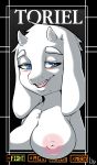 1girl 2017 anthro areola big_breasts blush boss_monster breasts caprine character_name fur furry gameplay_mechanics goat horn long_ears mammal nipples nude open_mouth simple_background smile sruto tongue toriel undertale upper_body video_games white_fur