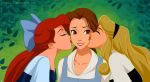  3_girls art beauty_and_the_beast black_hairband blonde_hair blue_bow bow brown_eyes brown_hair brown_lipstick cheek_kiss closed_eyes company_connection crossover disney double_cheek_kiss dress grin hair_bow hairband kissing lips lipstick long_hair looking_at_another love mandygirl78_(artist) multiple_girls neck parted_lips princess_ariel princess_aurora princess_belle red_hair red_lipstick sleeping_beauty smile teeth the_little_mermaid upper_body yuri 