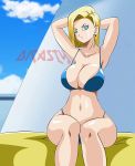 1girl android_18 artist_name big_breasts bikini blue_bikini blue_swimsuit breasts cleavage dicasty dicasty1 dragon_ball dragon_ball_super dragon_ball_z earrings female female_only hands_behind_head huge_breasts looking_at_viewer milf smile solo solo_female swimsuit watermark wide_hips