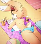 1girl 2017 alcohol anthro antlers ass beach beverage big_ass big_breasts bikini breast_squish breasts clothed clothing digital_media_(artwork) ear_piercing eyebrows eyelashes eyewear fur furry high_res horn huge_breasts jackalope_(species) lagomorph looking_at_viewer looking_back lotion lying mammal maya_(secretly_saucy) on_front original outside piercing rabbit seaside secretly_saucy sideboob smile sunglasses swimsuit thick_thighs topless towel wide_hips