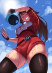  1girl 2017 :d ;d baseball_cap big_breasts black_legwear black_thighhighs blush breasts brown_hair clenched_teeth female_protagonist_(pokemon_go) from_below green_eyes long_hair looking_at_viewer one_eye_closed phone pokemon pokemon_(game) pokemon_go ponytail pov sky standing stockings summer sun sweat teeth thick_thighs thighs zettai_ryouiki zheng 