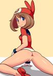1_female 1_human 1girl :) anus arm_support arttmadness ass blue_eyes bottomless brown_hair edit female female_human female_only hair hairless_pussy hand_on_ass hand_on_knee hand_on_leg haruka_(pokemon) human human_only kneeling light-skinned_female light_skin long_hair looking_at_viewer looking_back may medium_breasts no_panties on_knees pokemon pokemon_(anime) porkyman pussy rear_view sideboob small_breasts smile
