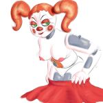  1girl animatronic breasts circus_baby clown dress five_nights_at_freddy&#039;s five_nights_at_freddy&#039;s:_sister_location j-the-drawfriend looking_at_viewer nudity pussy robot seductive_smile simple_background sister_location twin_tails undressing 