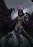  1girl armor black_hair breasts claws dark dragon_horns dragon_tail dragon_wings glowing glowing_wings gore_magala grass high_res horns less long_hair looking_at_viewer medium_breasts monster_girl monster_hunter navel no_eyes scales simple_background smile standing tail wings 