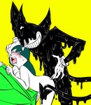 1boy 1girl an_751_72 bendy_(bendy_and_the_ink_machine) bendy_and_the_ink_machine bendy_demon breasts bus cum cum_in_ass doggy_position green_hair liaz lina758 sex sperm vargan_(liaz) white_skin yellow_background