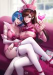 2_girls alternate_costume animal_ears animal_print artist_name bangs big_breasts blue_eyes blue_hair blurry blurry_background breasts brown_eyes brown_hair bunny_ears bunny_print choker citemer clavicle cleavage clipboard couch crossover d.va d.va_(overwatch) dress elbow_gloves facepaint facial_mark fake_animal_ears female female_only glint gloves hair_between_eyes hair_ornament hair_over_one_eye hair_ribbon hat heart high_collar high_resolution indoors knees_together_feet_apart leg_ribbon long_hair long_sleeves looking_at_viewer multiple_girls nail_polish nurse nurse_cap open_mouth overwatch pantyhose patch pink_dress pink_lips pink_nails pink_ribbon pink_shoes re:zero_kara_hajimeru_isekai_seikatsu rem_(re:zero) ribbon shiny shiny_clothes shoes short_hair signature sitting sleeveless sleeveless_dress smile stockings swept_bangs taut_clothes taut_dress watermark whisker_markings white_gloves white_legwear window