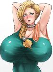  1girl armpits arms_behind_head arms_up bianca_(dragon_quest) bianca_whitaker blonde_hair blue_eyes blush braid braided_hair breasts clothed_navel dragon_quest dragon_quest_v erect_nipples gigantic_breasts hair_over_shoulder huge_breasts long_hair looking_at_viewer milf ogura_anko open_mouth posing simple_background single_braid skin_tight square_enix toned tongue upper_body white_background 