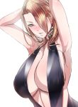  1girl armpits blonde_hair blush breasts center_opening character_request cleavage copyright_request dress earrings hair_over_one_eye hand_behind_head high_res huge_breasts long_hair ogura_anko red_eyes simple_background standing upper_body white_background 