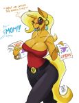 1girl 1girl 2017 anthro big_breasts blonde_hair breasts cleavage clothed clothing dialogue ear_piercing english_text equine eyewear furry hair holding_object hoop_earrings horn mammal mature_female milf multicolored_hair my_little_pony open_mouth parent piercing simple_background sunglasses text trixie&#039;s_mom_(idw) two_tone_hair unicorn unseen_character white_background zwitterkitsune 
