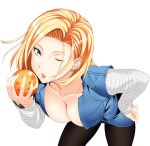  android_18 big_breasts blonde_hair breasts dragon_ball_z insanely_hot looking_at_viewer phoenix_(artist) wink 